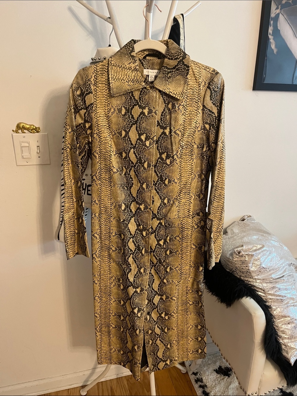 Topshop Snake-Print Longline Coat in Yellow and Brown